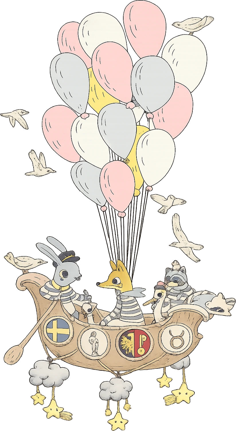 A little crew aboard a wooden boat lifted by pastel balloons